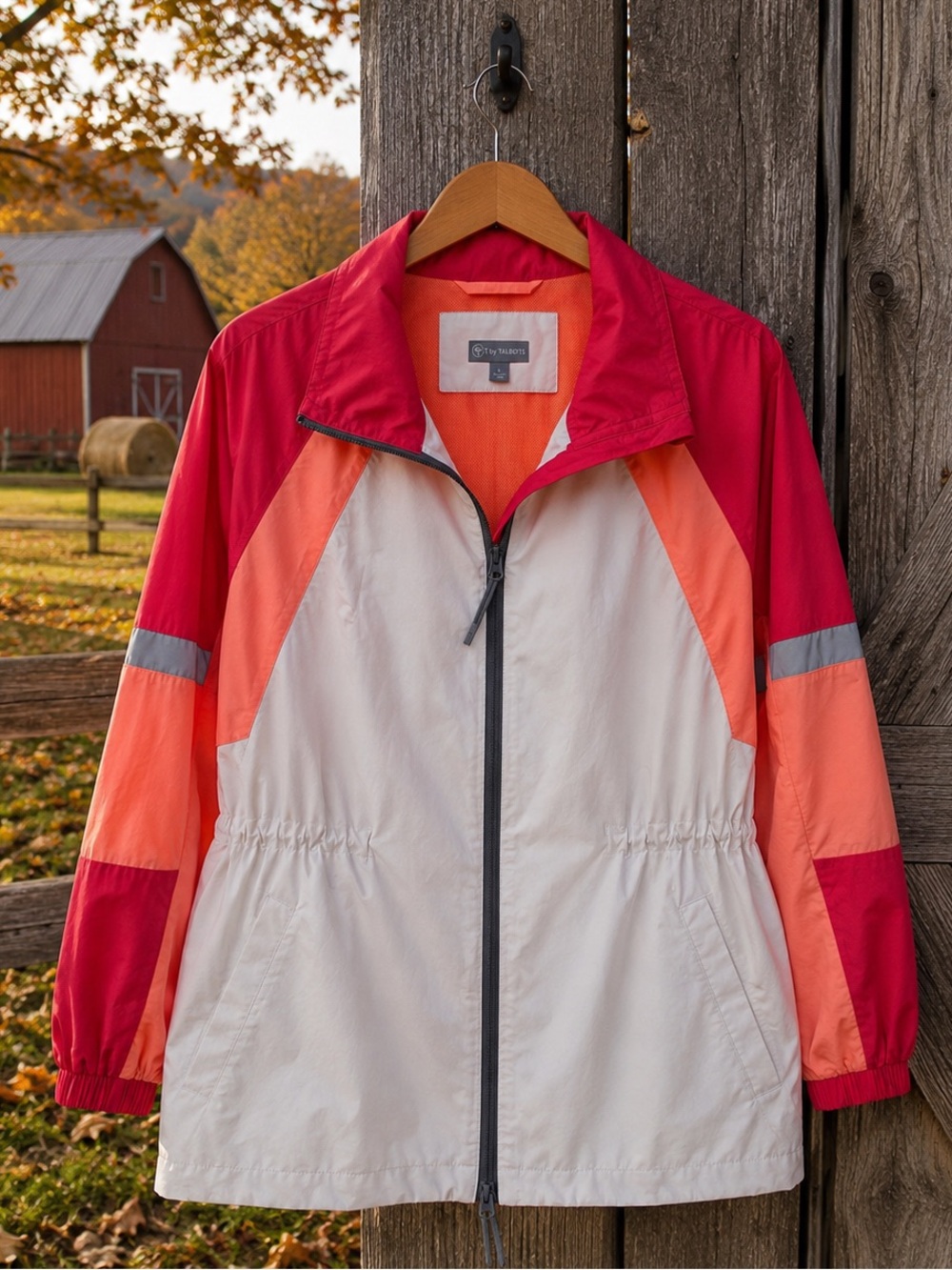 T by Talbots Colorblock Windbreaker Jacket L Reflective Zip Cinch Waist